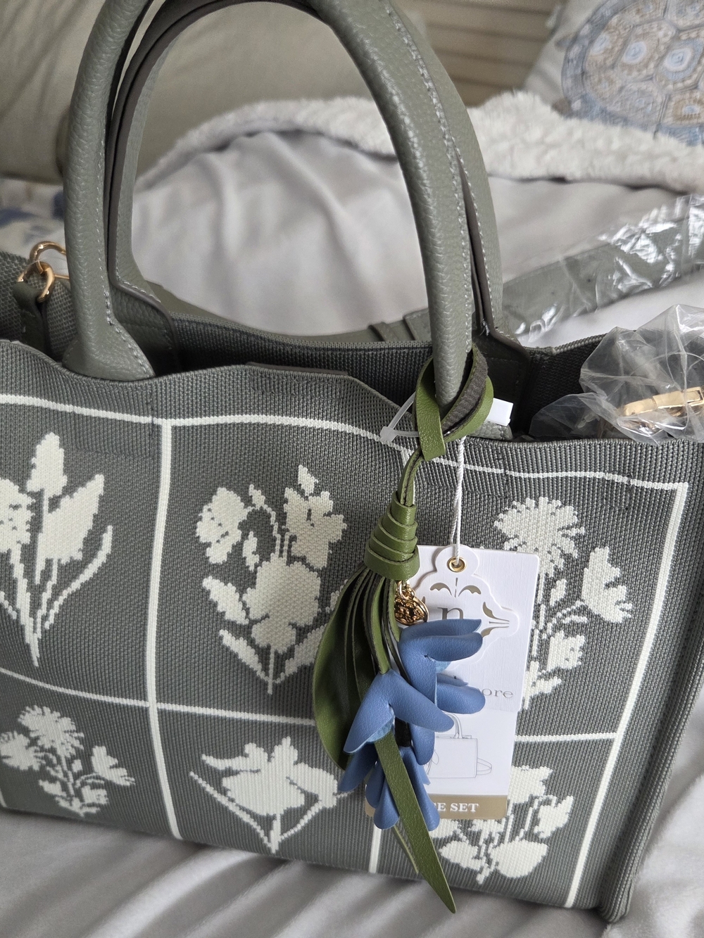 Nanette Lepore Gray Tote with White Floral Grid and Blue Charm - Picture 2 of 4
